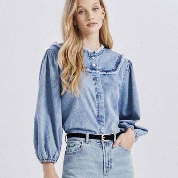 Something Navy Chambray Ruffle Shirt Blue Size XXL - Picture 1 of 12